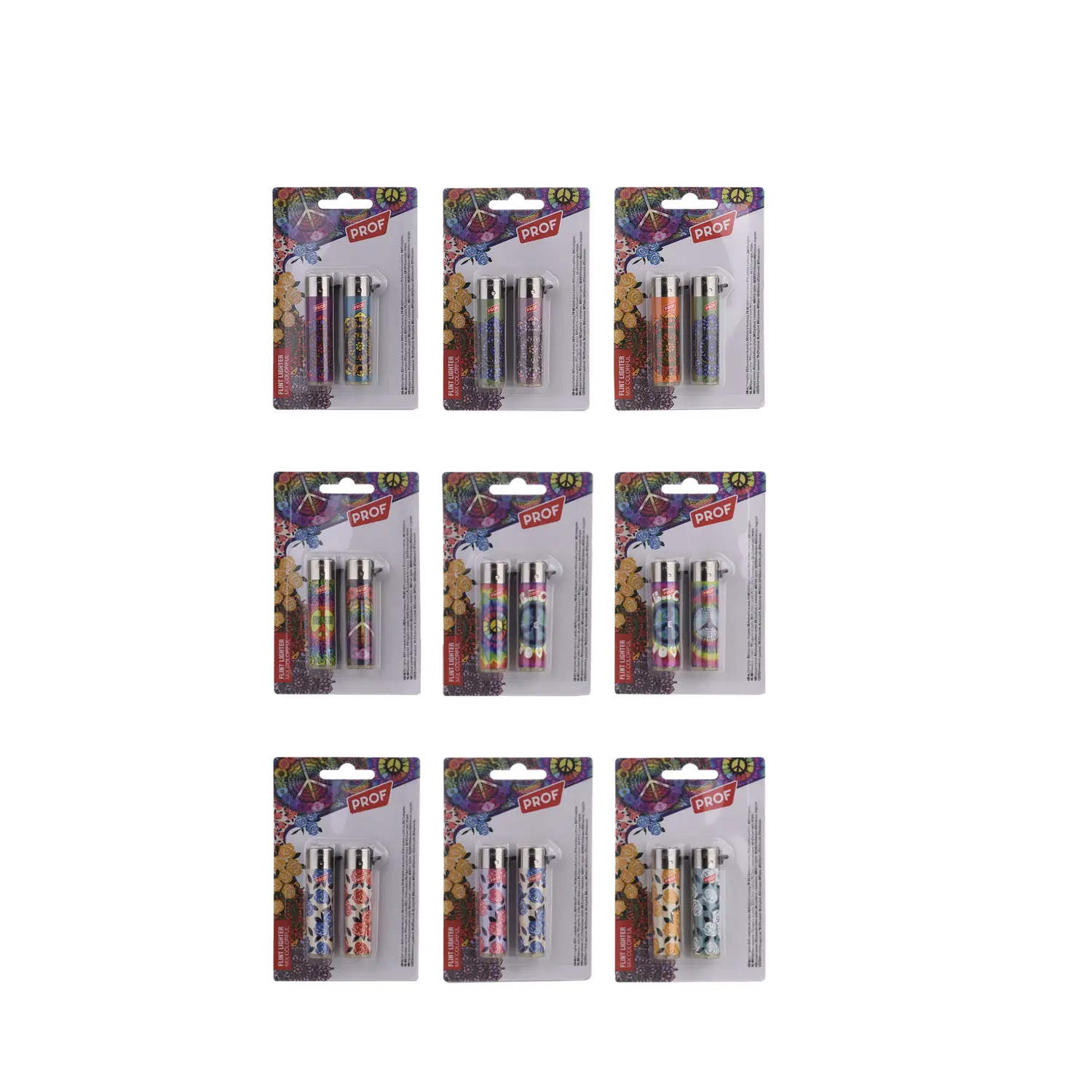 Set of 2 Colored Refillable PROF Flint Lighters
