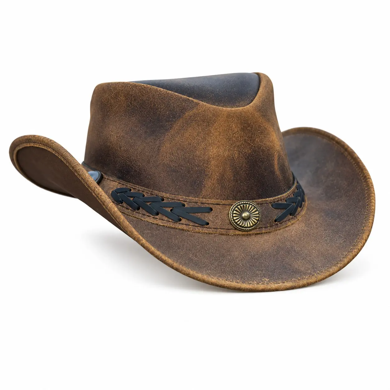Real Leather Australian Western Cowboy Distressed vintage Bush Hat & ChinStrap
