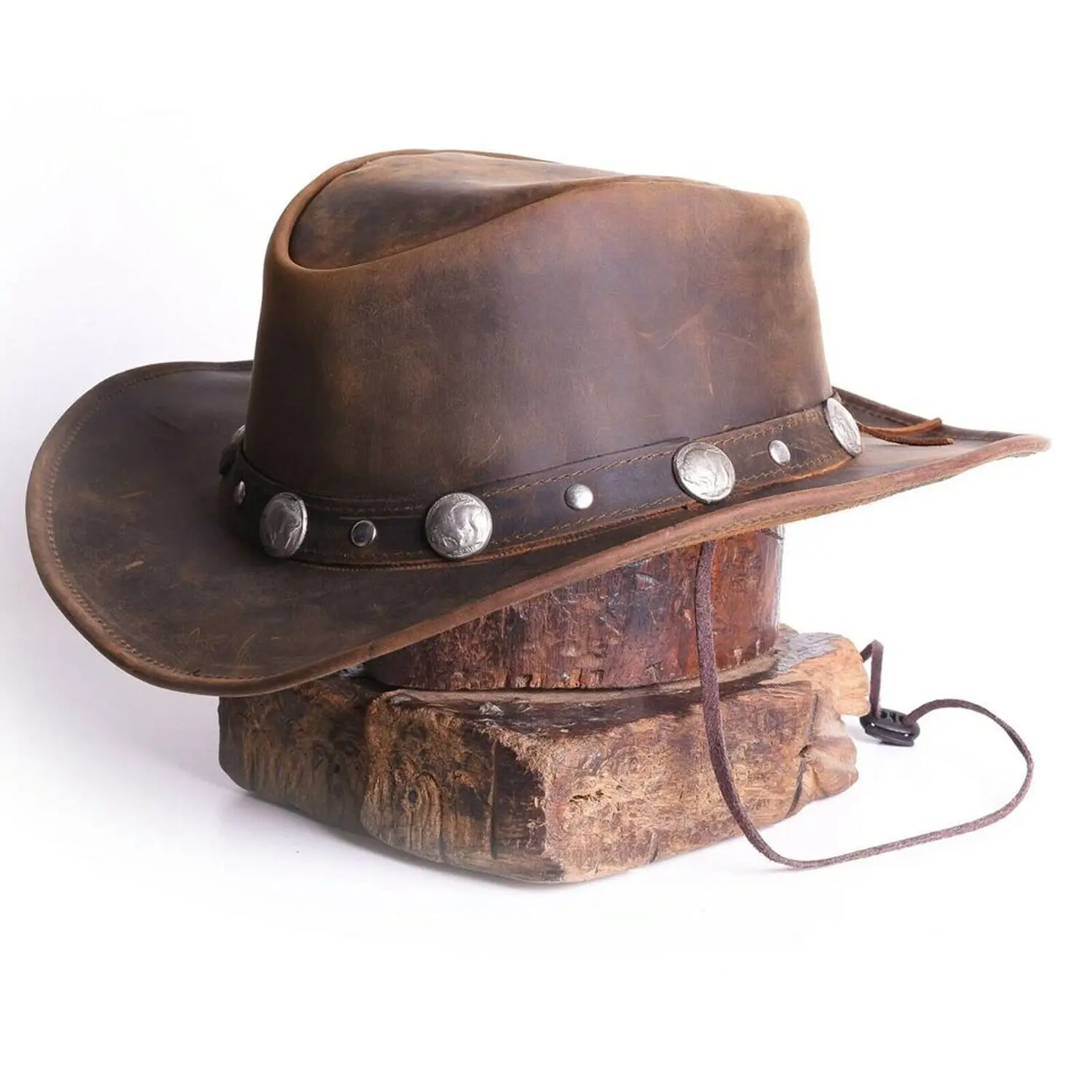 Leather Cowboy Western Style Hat Brown With Conchos Leather Band  Brown