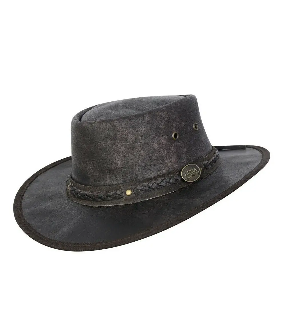 Real Distressed Leather Foldaway Crushable Australian-Style Bush Hat Brown