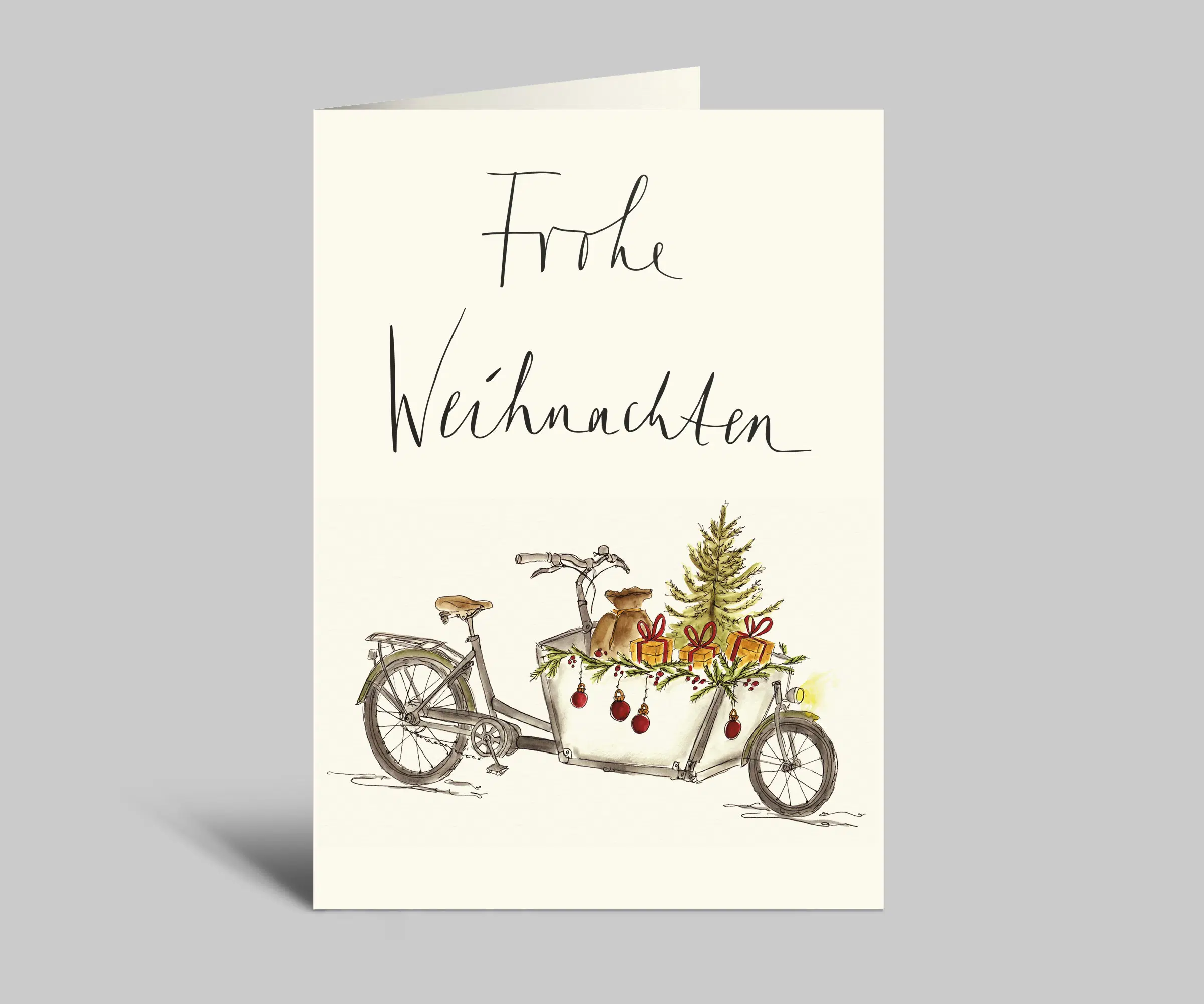 Fahrrad-Karte zu Weihnachten | Frohe Weihnachten | Lastenrad mit Weihnachtsbaum | Aquarellkarte