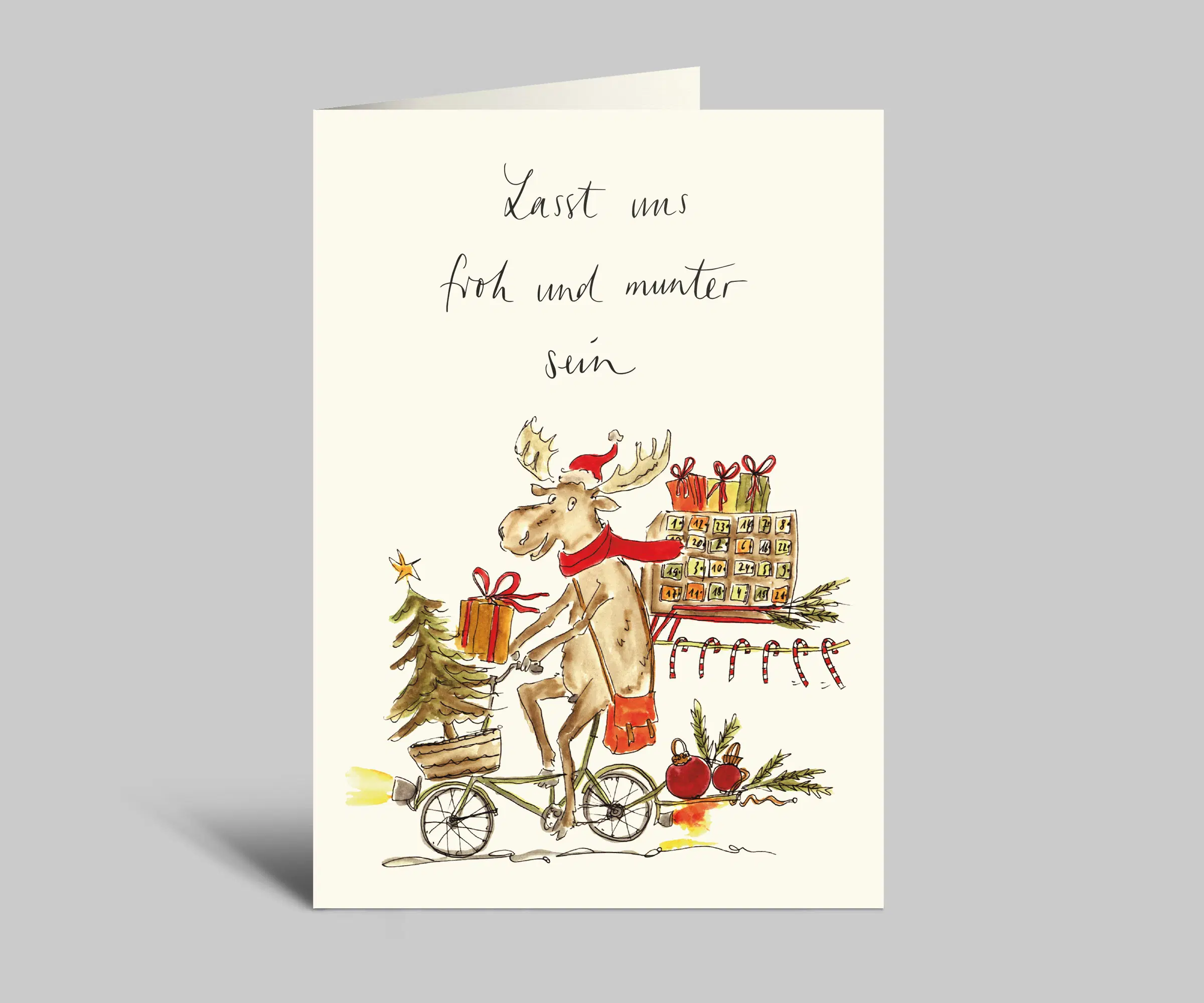 Weihnachtskarte | Lasst uns froh und munter sein | Elch auf Fahrrad