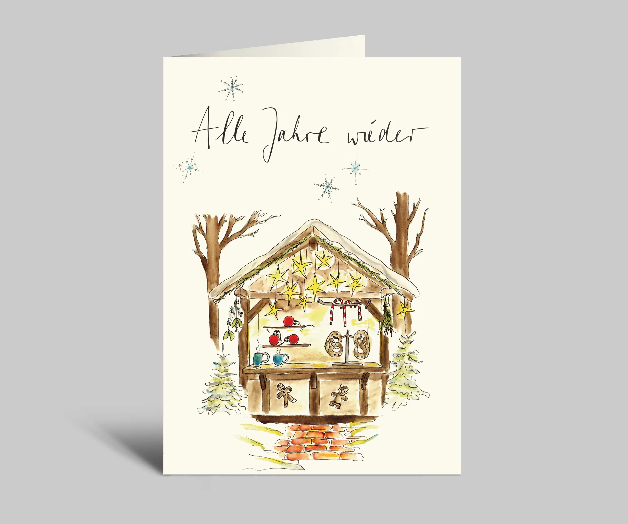 Adventskarte | Weihnachtsmarkt-Stand | Alles Jahre wieder | Aquarellkarte zu Weihnachten