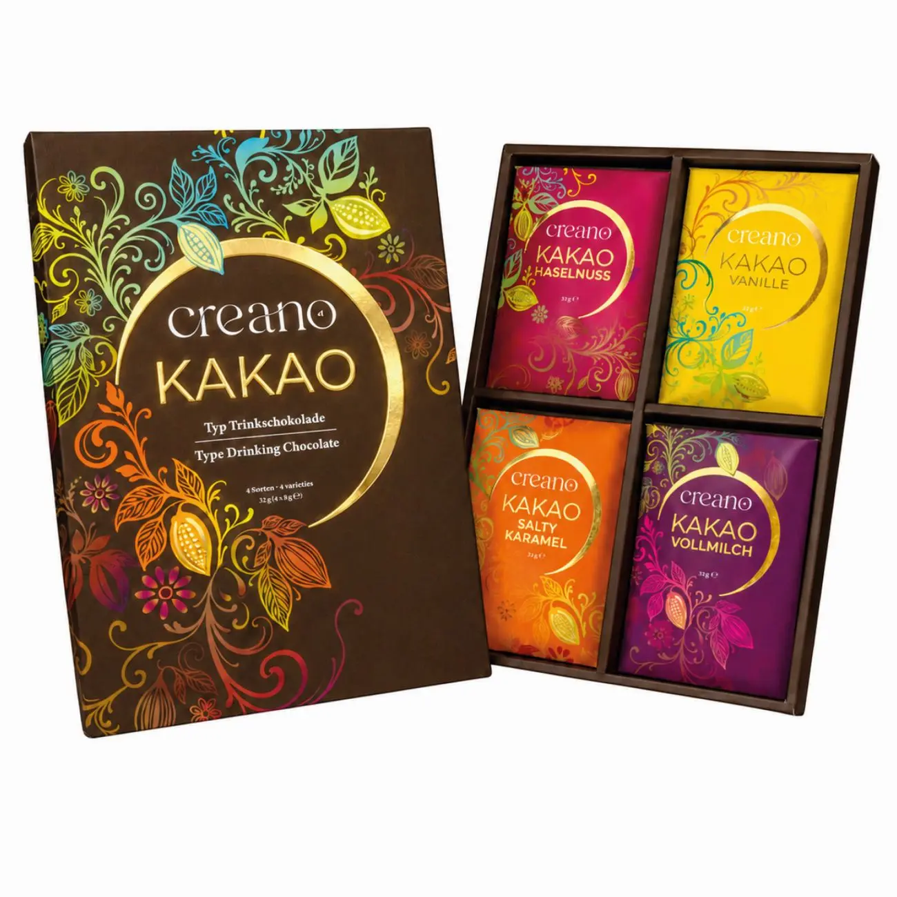 Creano Kakao Geschenkset Trinkschokolade – 4 Sorten: Vollmilch, Vanille, Haselnuss & Salty Caramel, 4 x 33 g – Geschenkidee für Schokoladenliebhaber