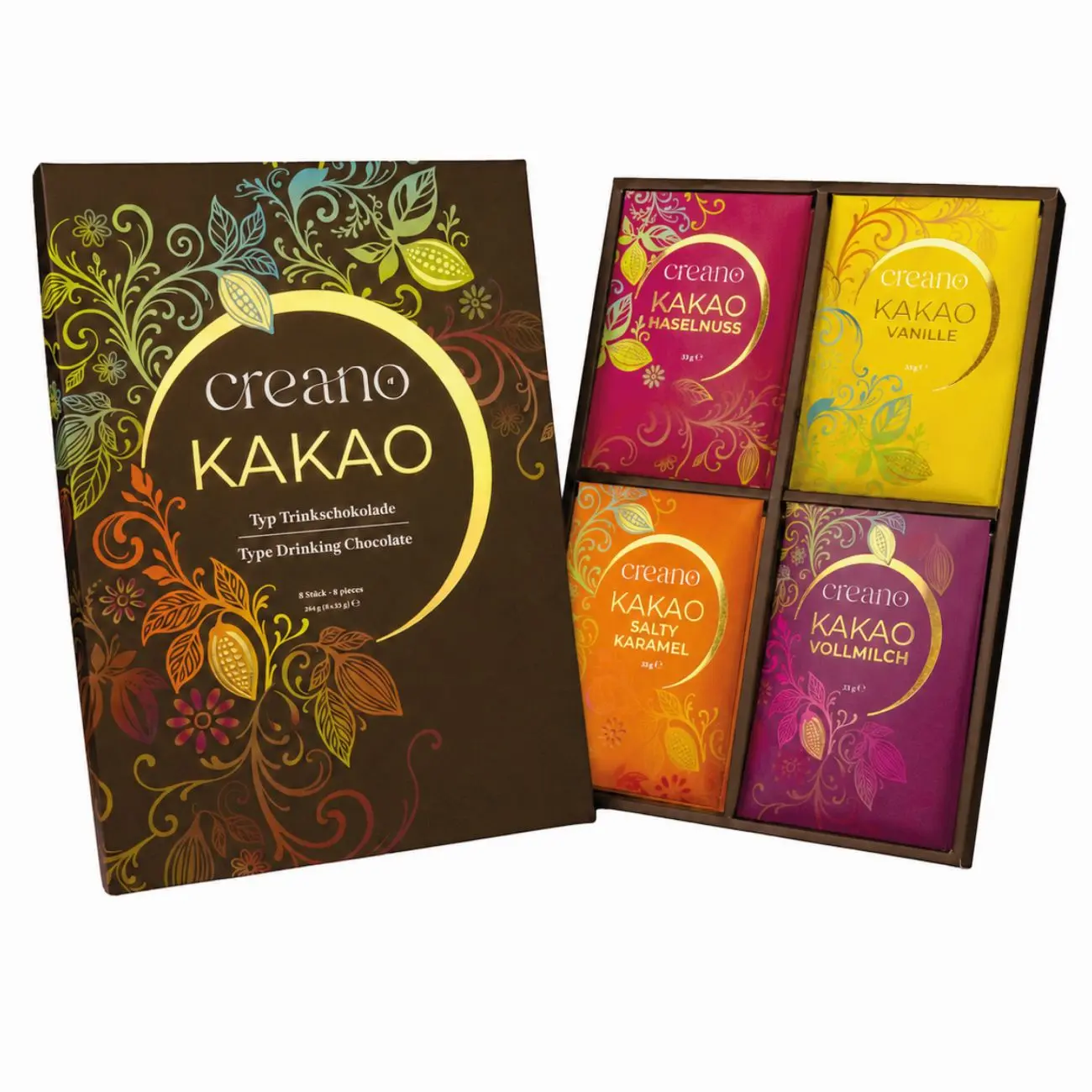 Creano Kakao Geschenkset Trinkschokolade 8er – 8 Portionsbeutel à 33 g, 4 Sorten: Vollmilch, Vanille, Haselnuss & Salty Caramel – Geschenkbox