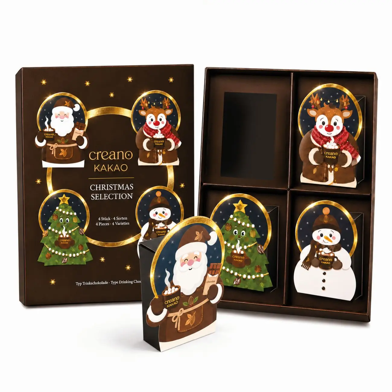 Creano Kakao Weihnachtsgeschenk „Christmas Selection“ – 4 Sorten Trinkschokolade in Weihnachtsfiguren-Boxen: Weihnachtsmann, Rentier, Schneemann & Tannenbaum