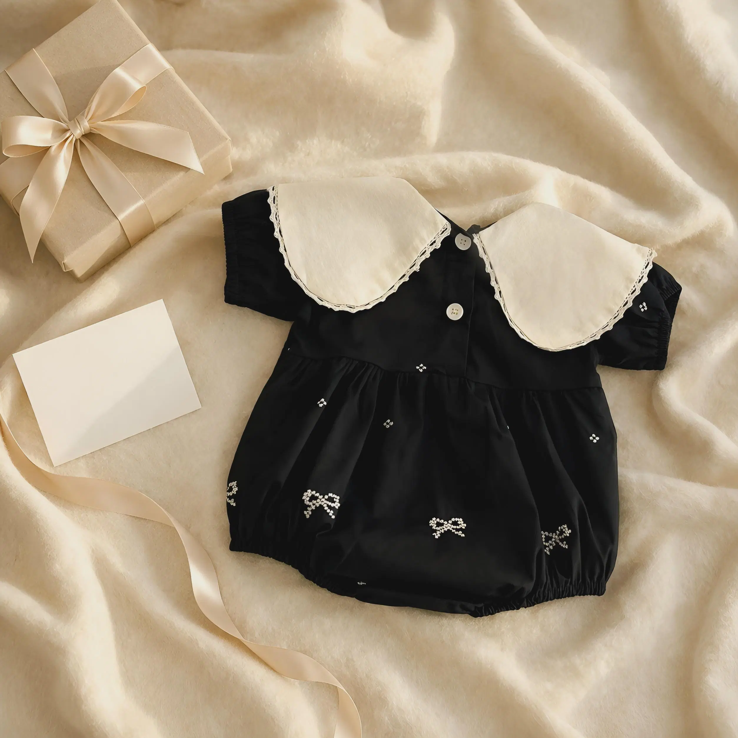 Toddler Girl Cotton Romper, Bow Embroidery Lapel, Soft Loose Baby Clothes (3)