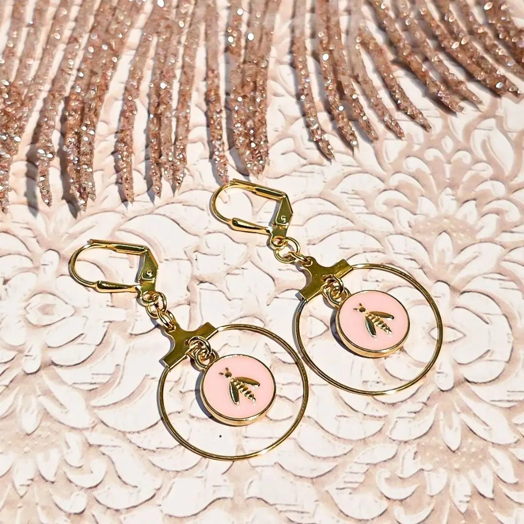 Boucles créoles abeille laiton doré rose Bijou Fête des mères Cadeau Maman Cadeau Maîtresse Noël