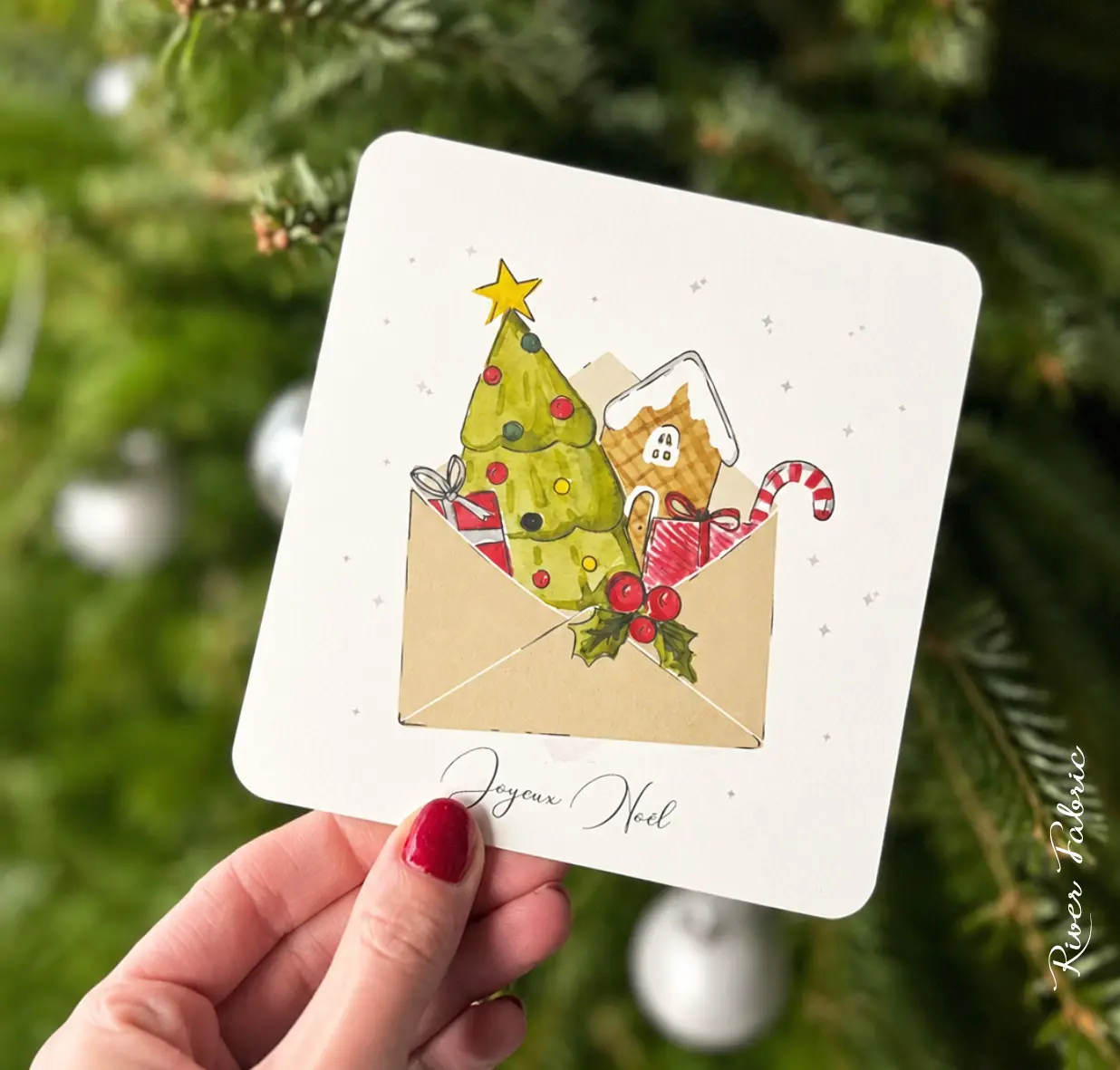 Carte Aquarelle "Enveloppe de Noël" - Fête Noël - 10 x 10 cm