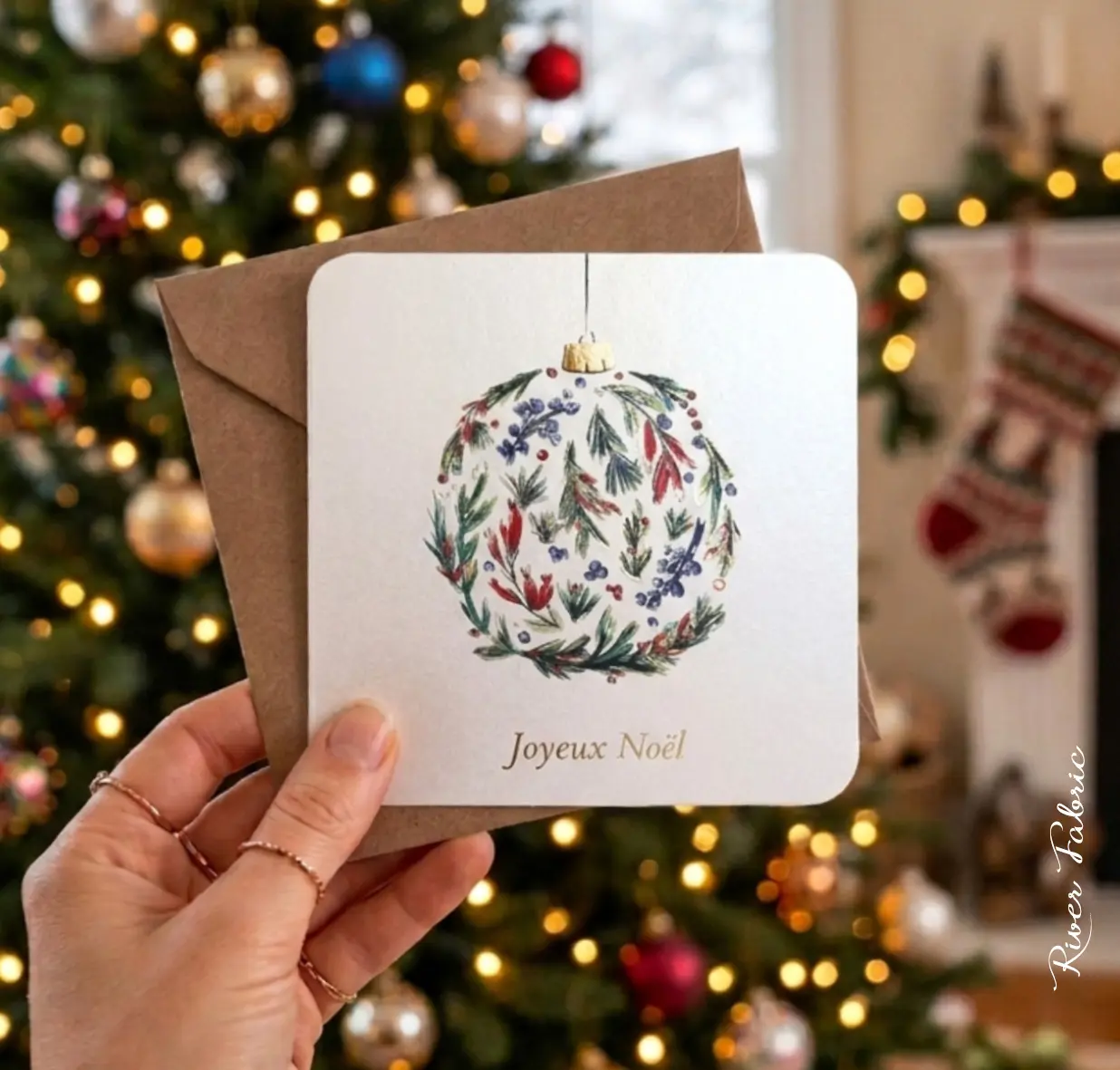 Carte Aquarelle "Boule décorée" - Fête Noël - 10 x 10 cm