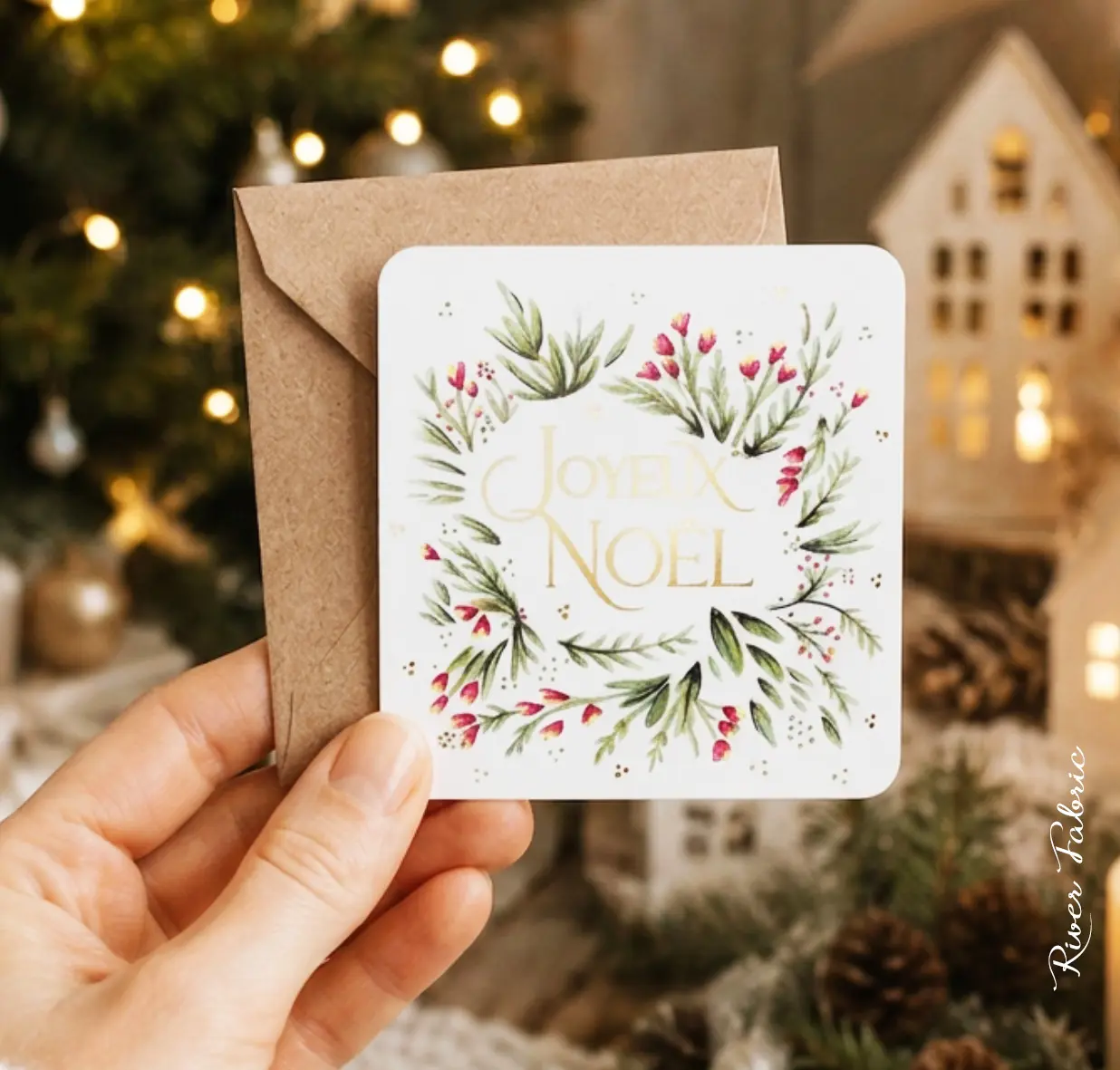 Carte Aquarelle Dorée "Joyeux Noël"- Noël - 10 x 10 cm