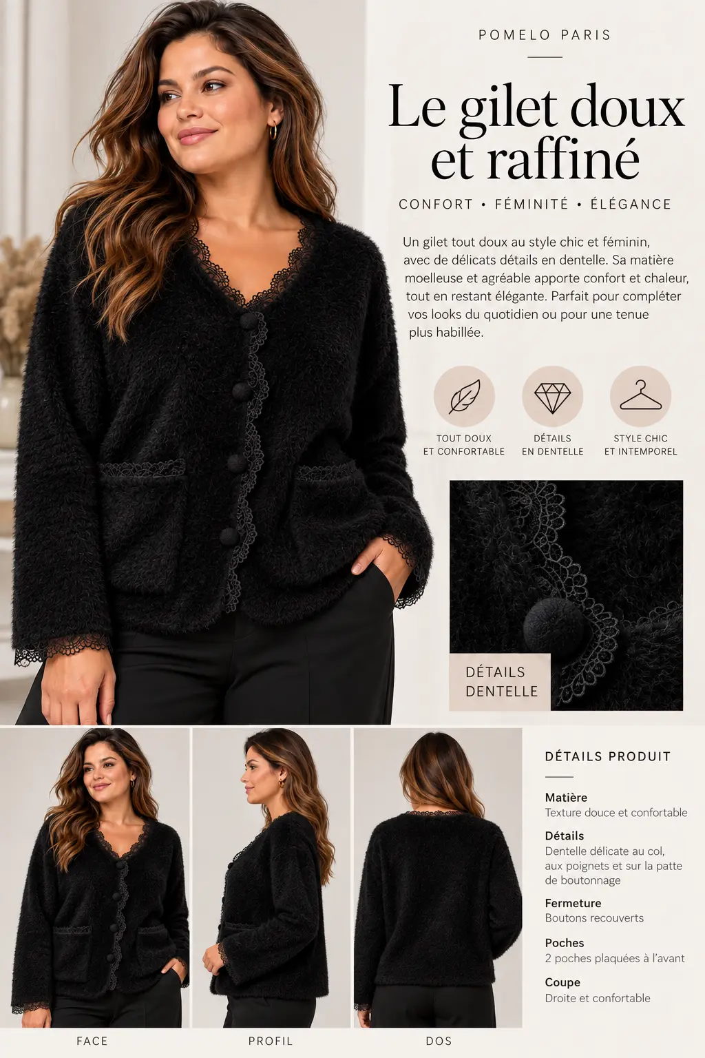 Gilet en maille douce avec détails en dentelle 2603
