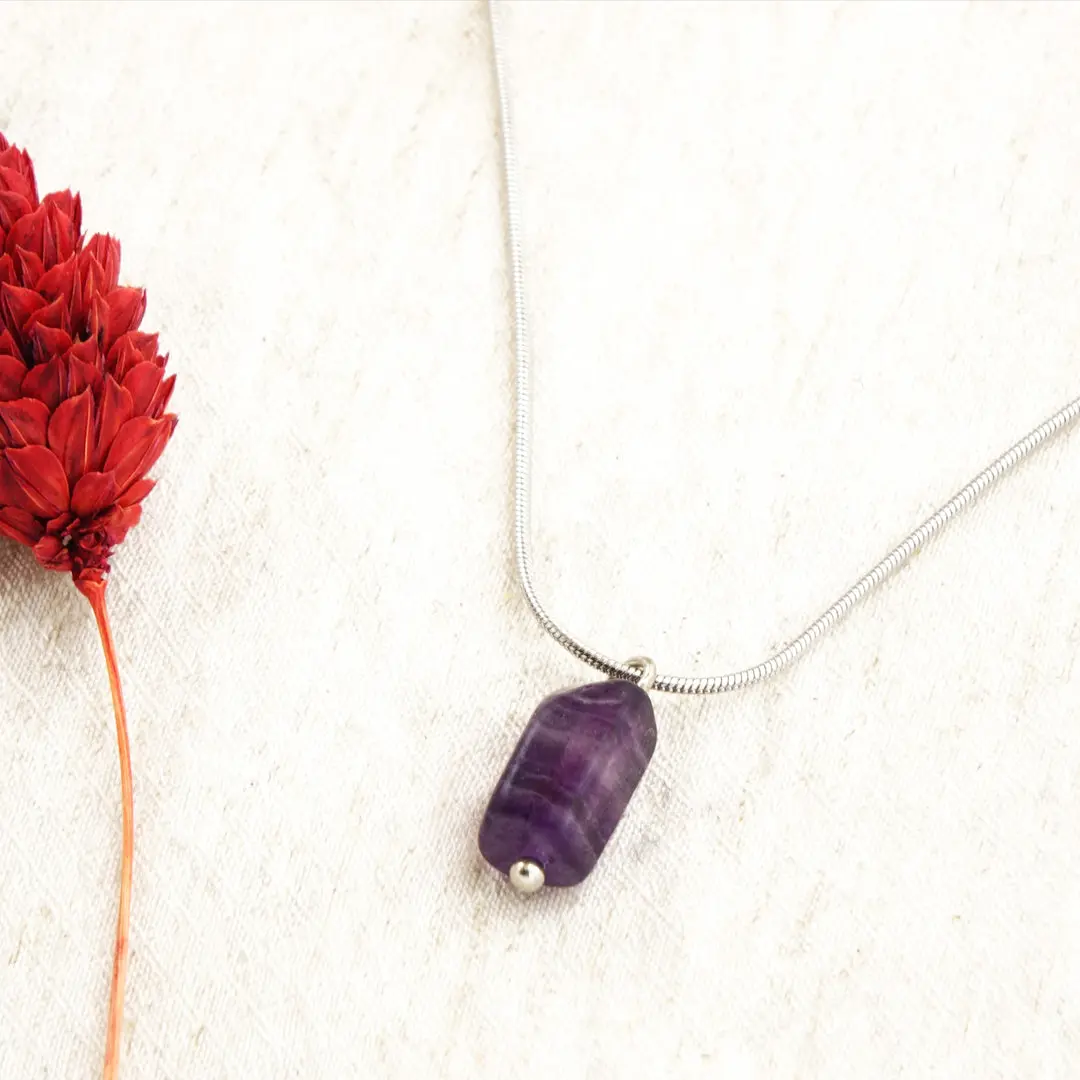 Amethyst Crystal Stone Necklace with Stainless Steel Chain