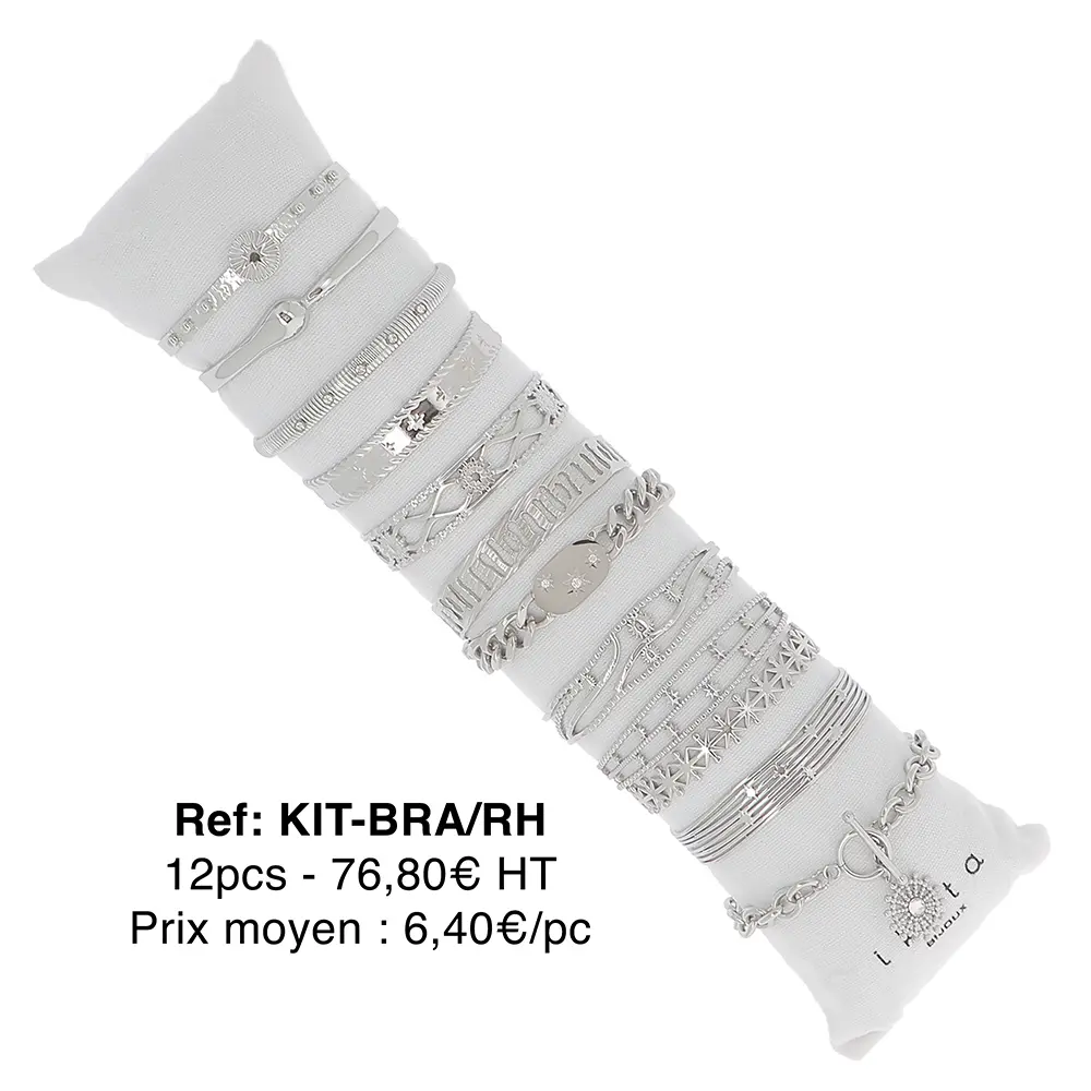 Kit de 12 bracelets - rhodium - présentoir offert