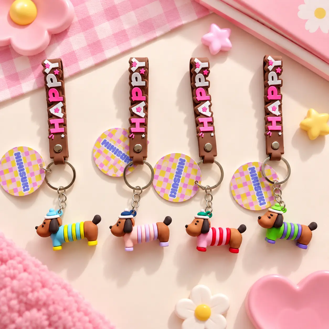 Porte-clés Teckel Kawaii Happy Pop – 4 coloris