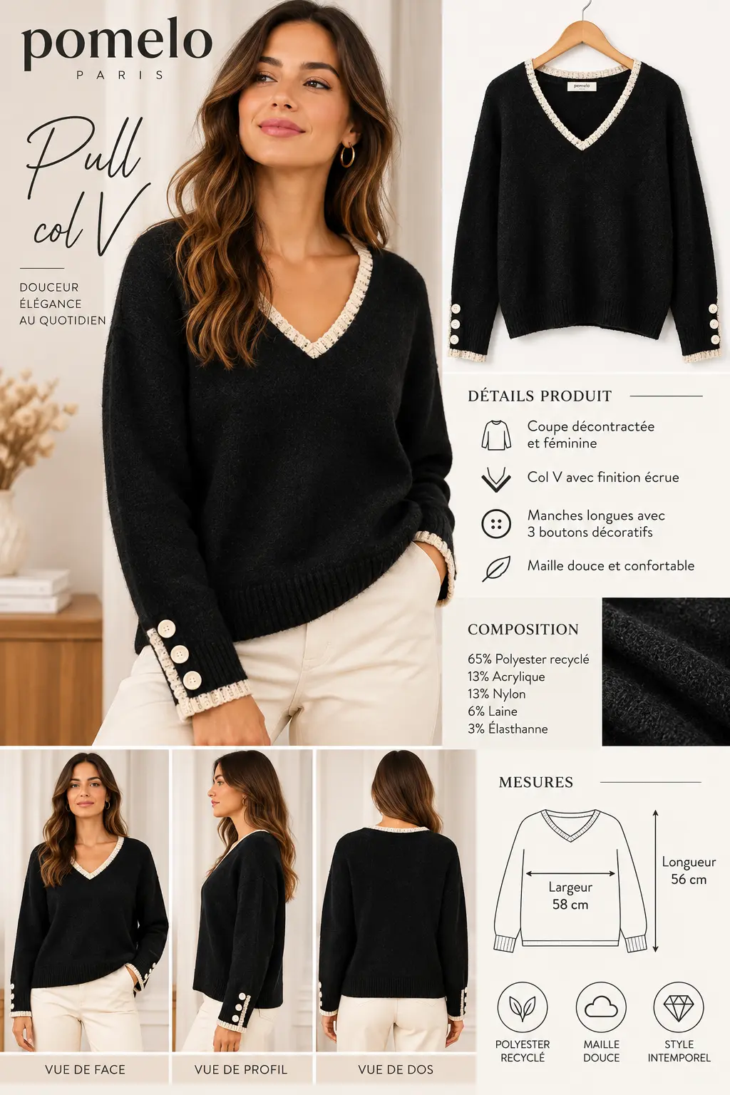 Pull femme col V VB8005 – Finitions écrues et boutons aux poignets