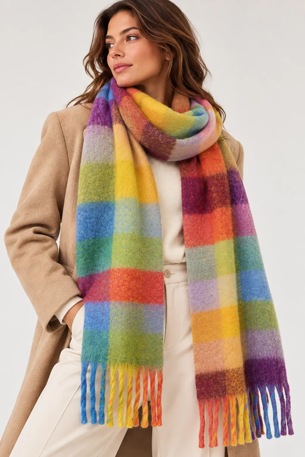 Écharpe à carreaux multicolore – 100 % viscose