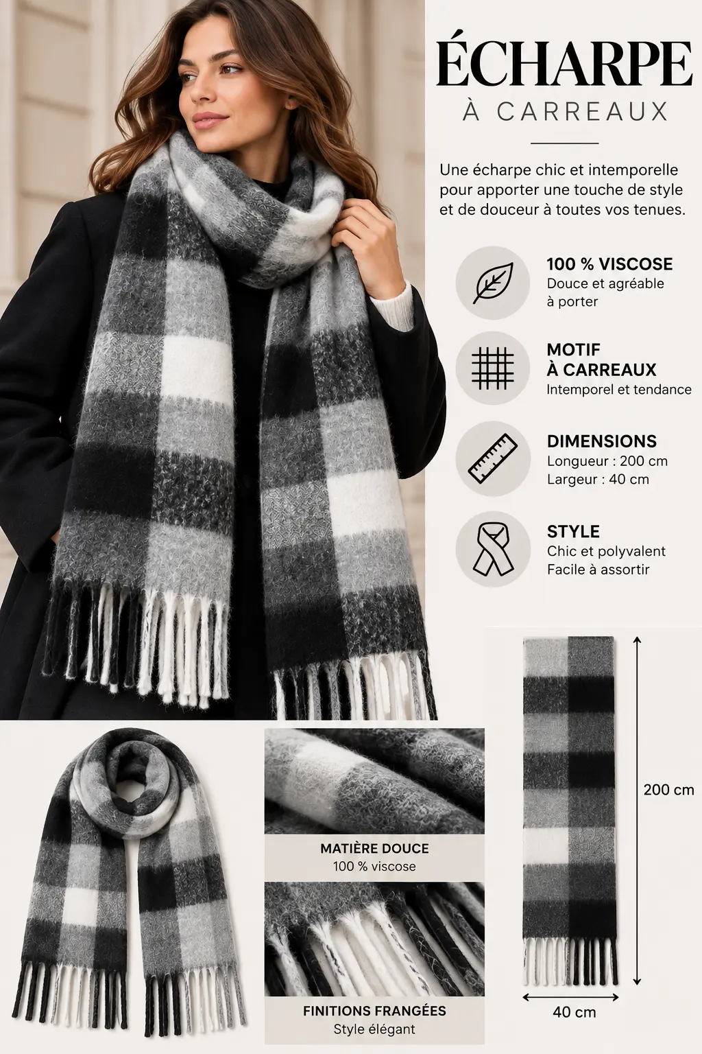 Écharpe à carreaux noir – 100 % viscose