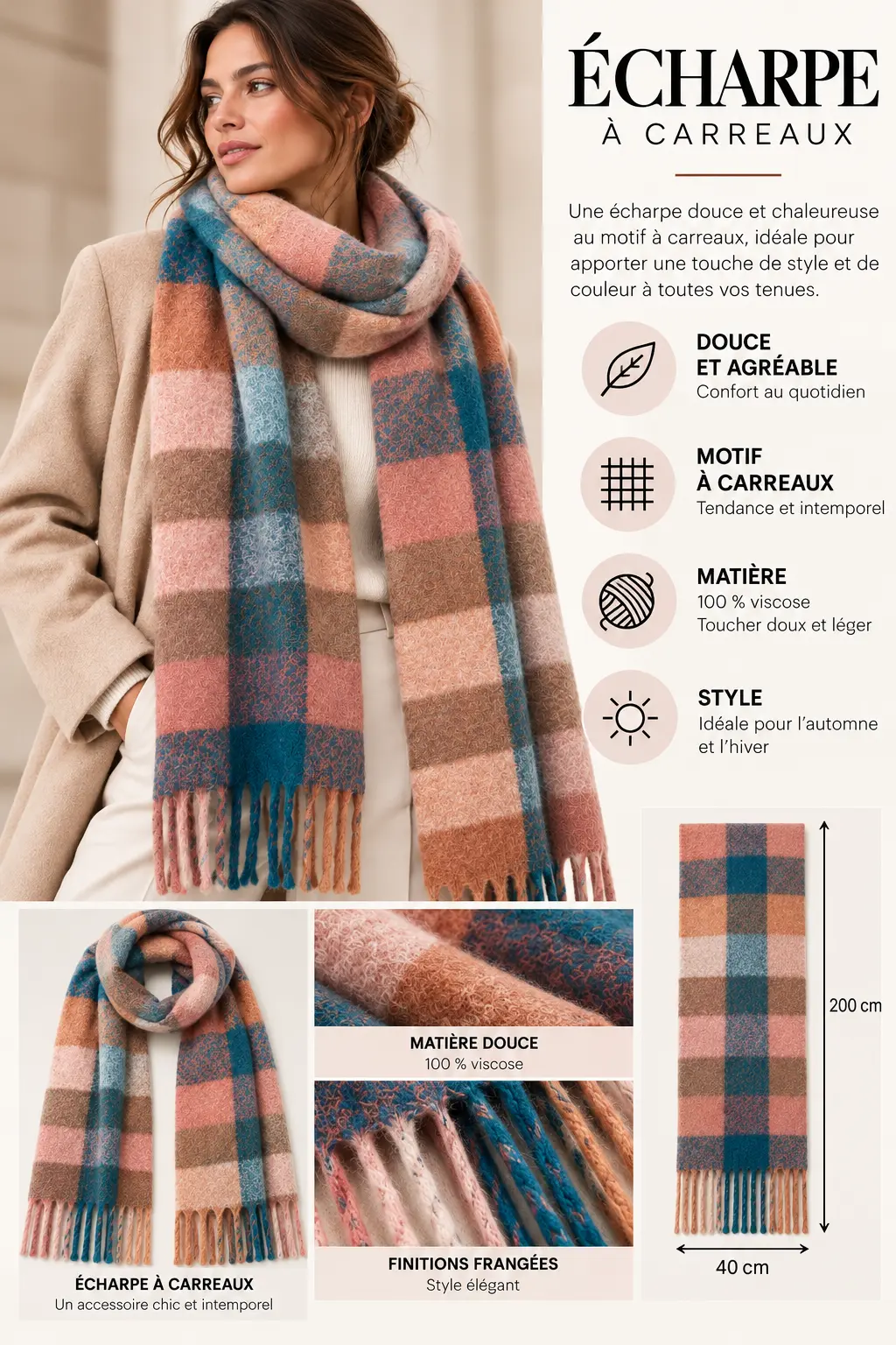 Écharpe à carreaux corail – 100 % viscose