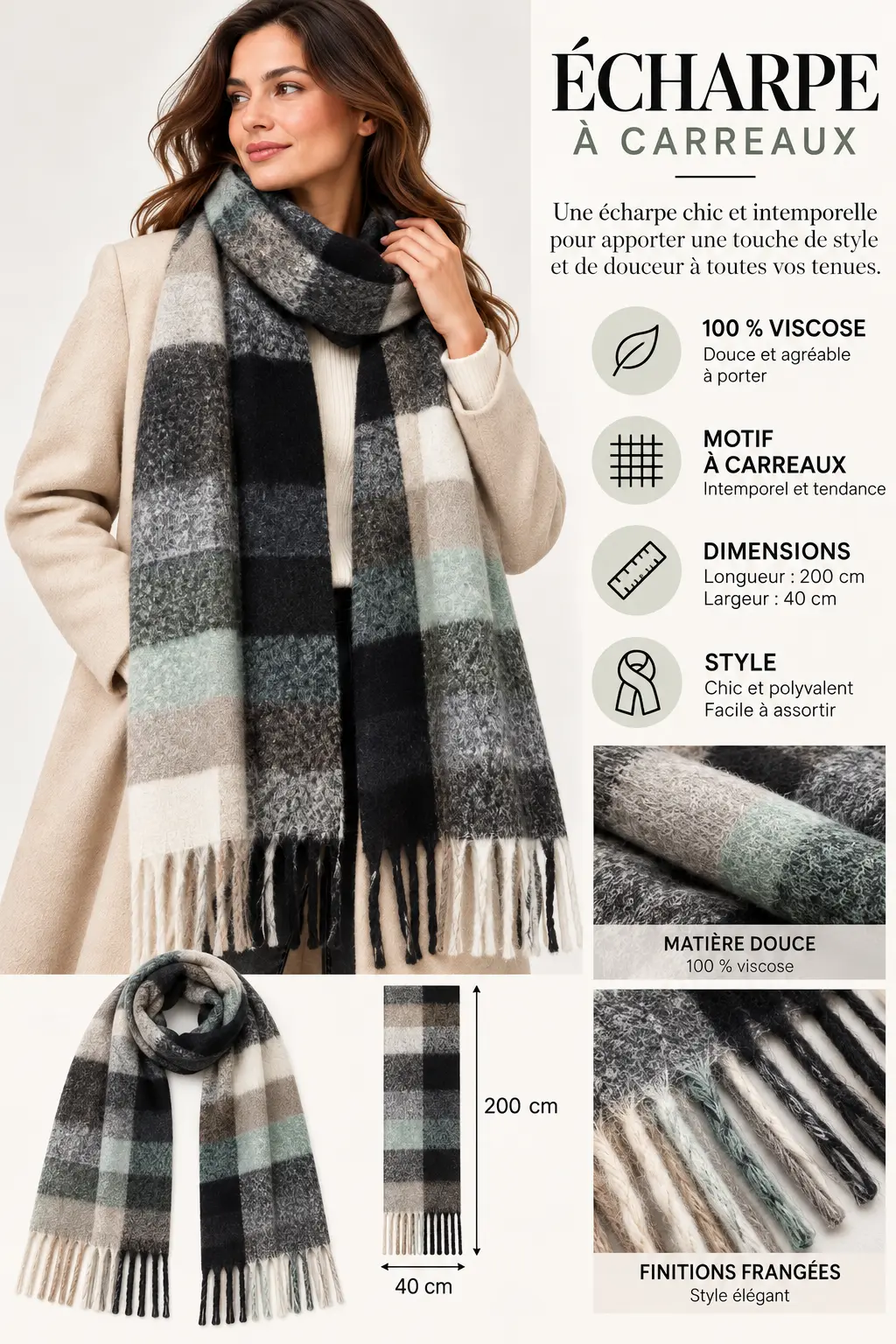 Écharpe à carreaux vert amende – 100 % viscose