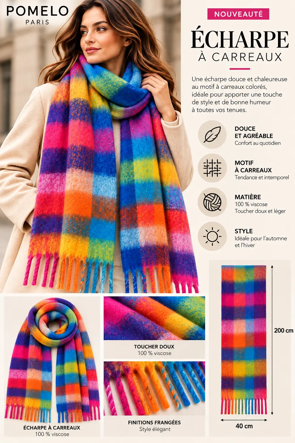 Écharpe à carreaux bleu royal – 100 % viscose