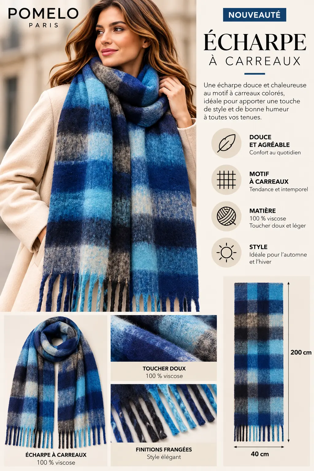 Écharpe à carreaux blue – 100 % viscose