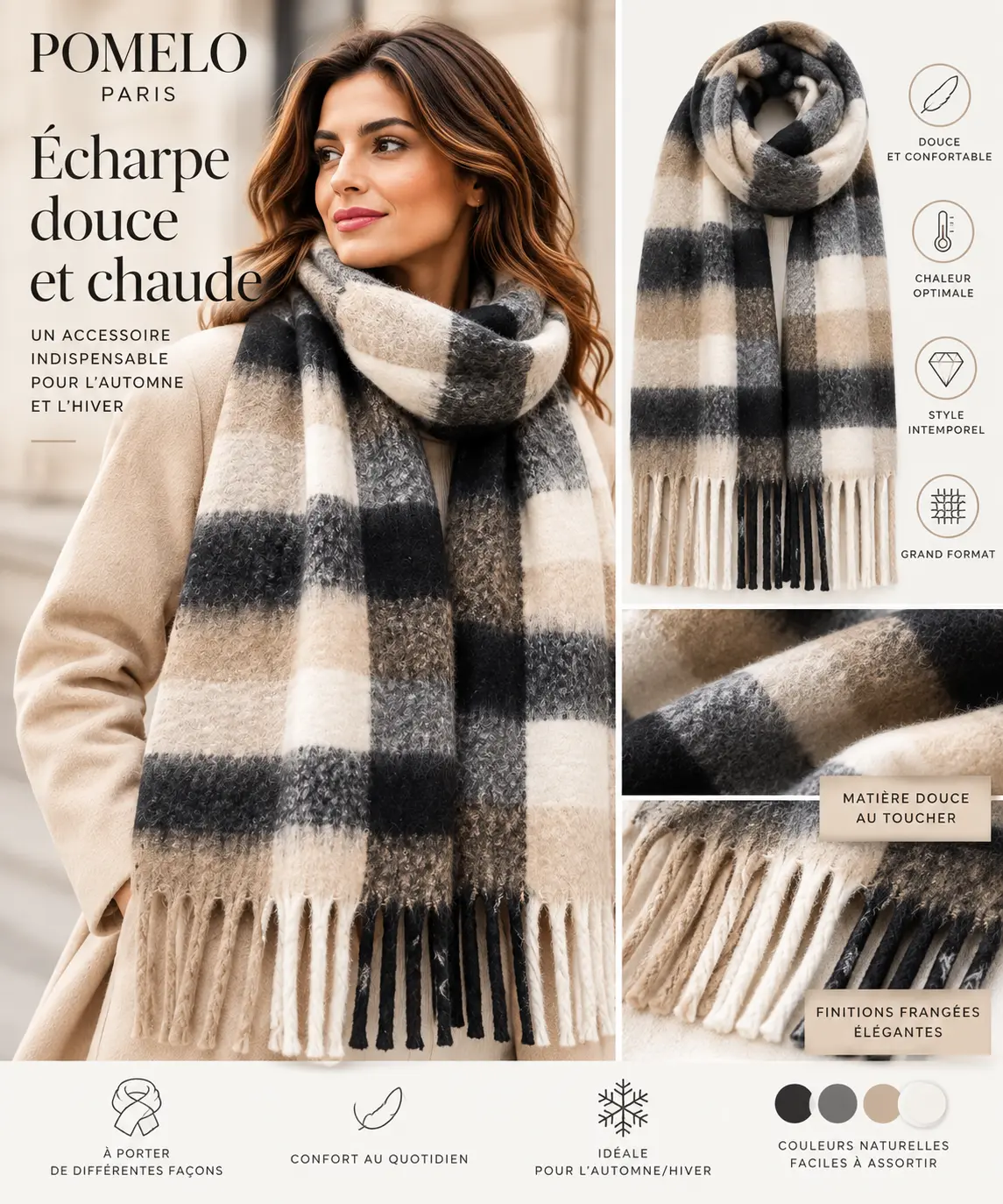 Écharpe à carreaux beige– 100 % viscose