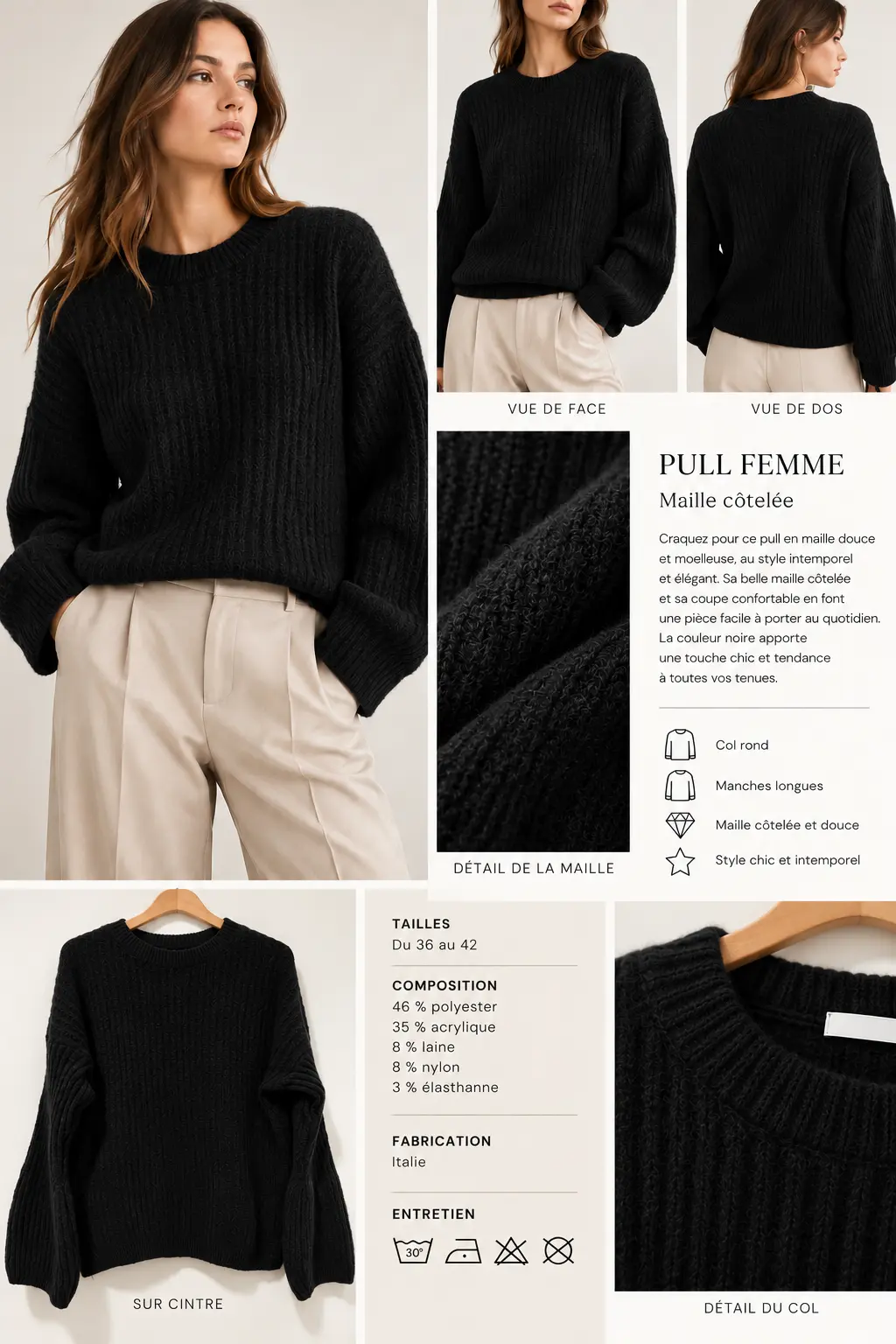 Achat Pull femme en maille côtelée – Style chic italien en gros