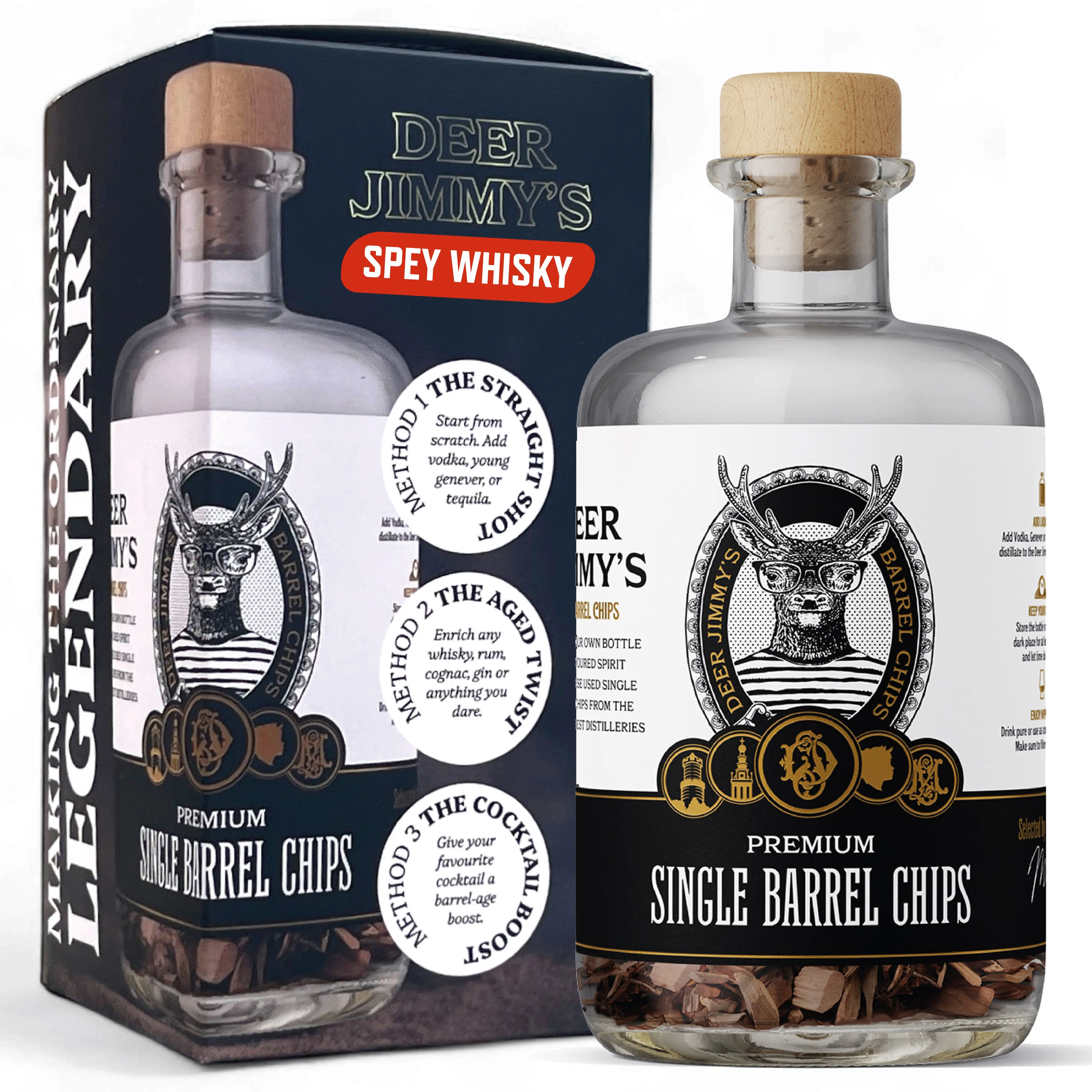 Deer Jimmy's® DIY Whisky Gift Set – Make Your Own Whisky with Premium Oak from Authentic Scottish Speyside Barrels – Deep Barrel Aging for Any Spirit – Perfect Gift for Men