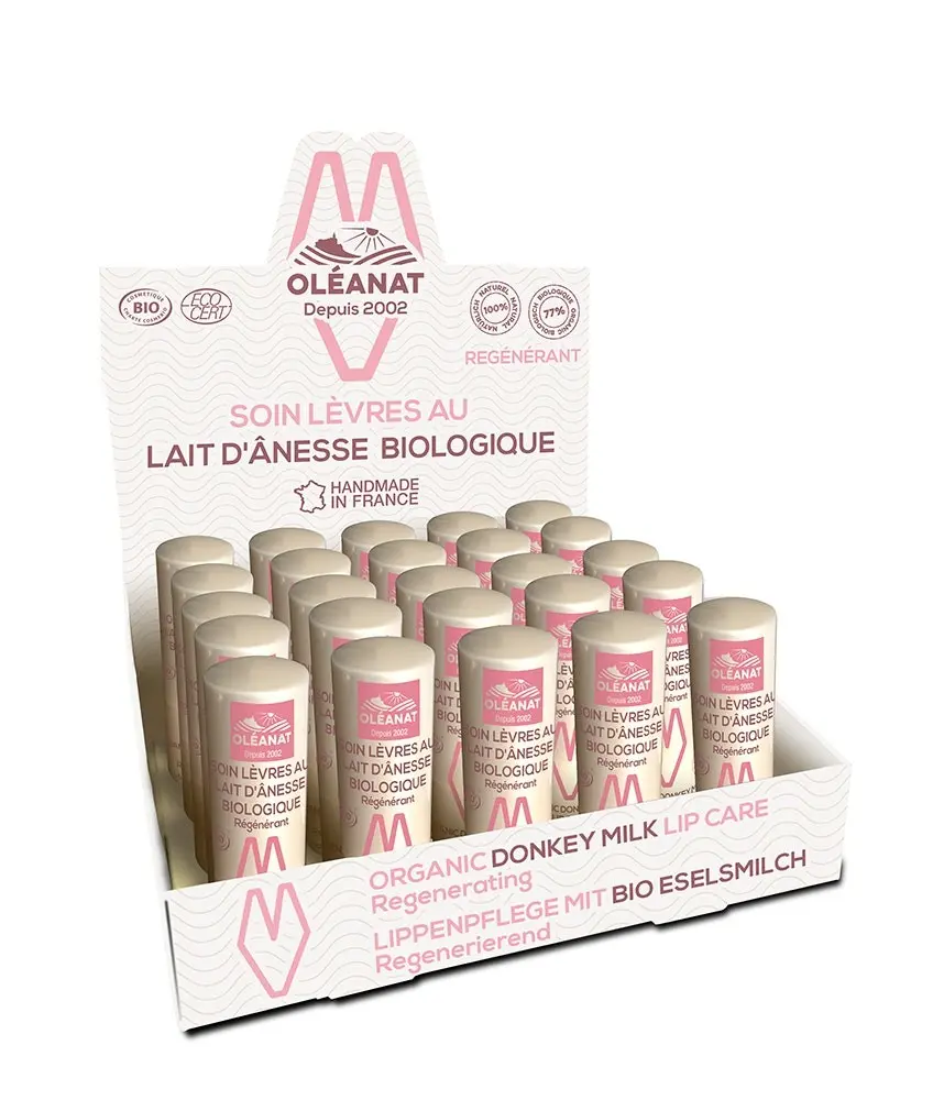 Display mit 25 Lippenpflegeprodukten mit Bio-Eselmilch - 25 x 4,5 g - OLEANAT