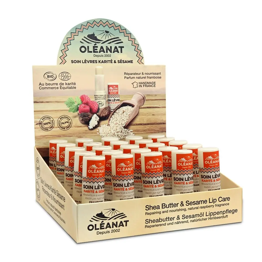 Display mit 25 Bio-Shea- und Sesam-Lippenpflegeprodukten mit natürlichem Himbeerduft 4,5g - OLEANAT