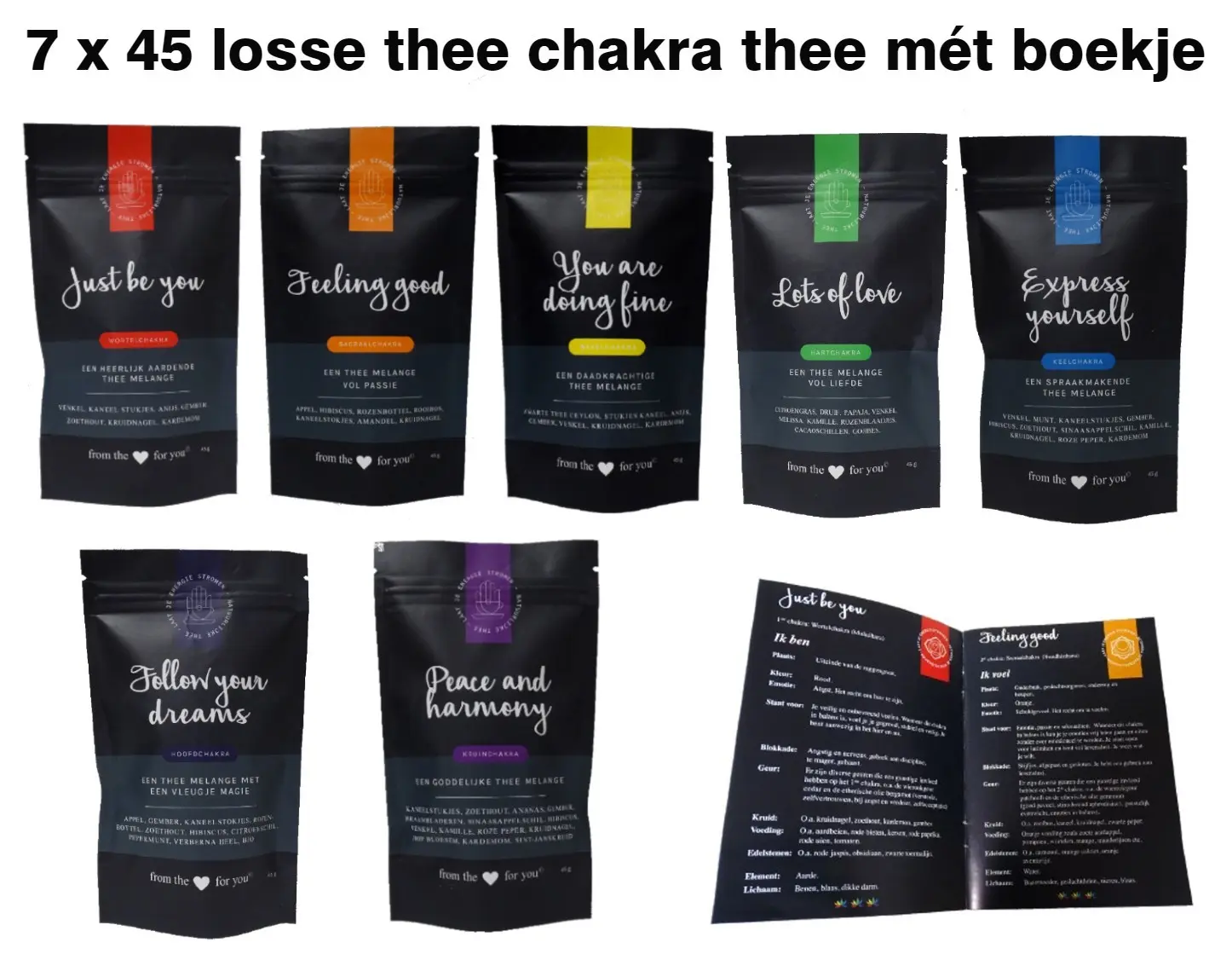 Juego de té chakras - 7 bolsitas de té suelto de calidad - 45 gr. por bolsa - con folleto - en caja de regalo