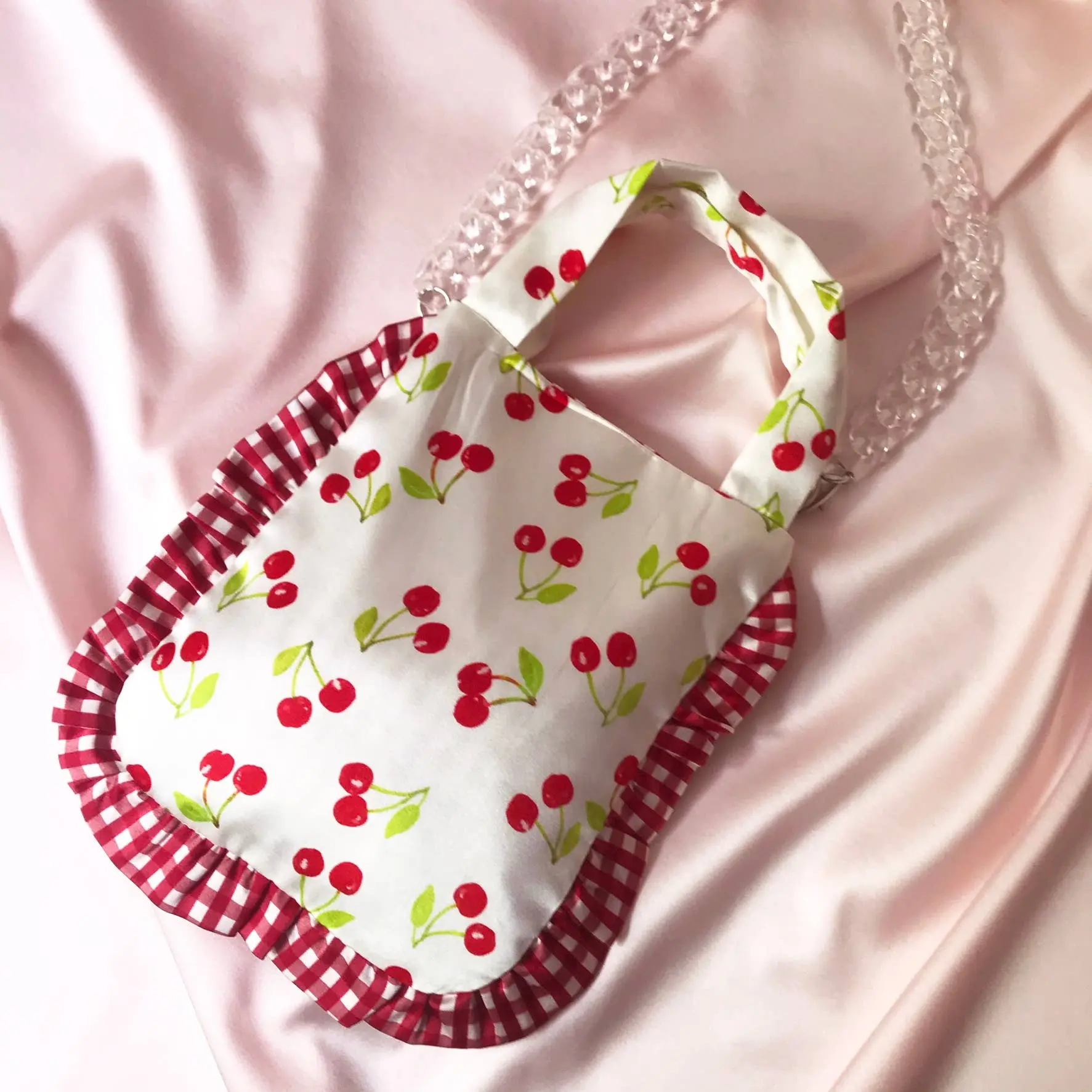 Cherry Print Silk Marina Ruffle Bag-Grey Chain