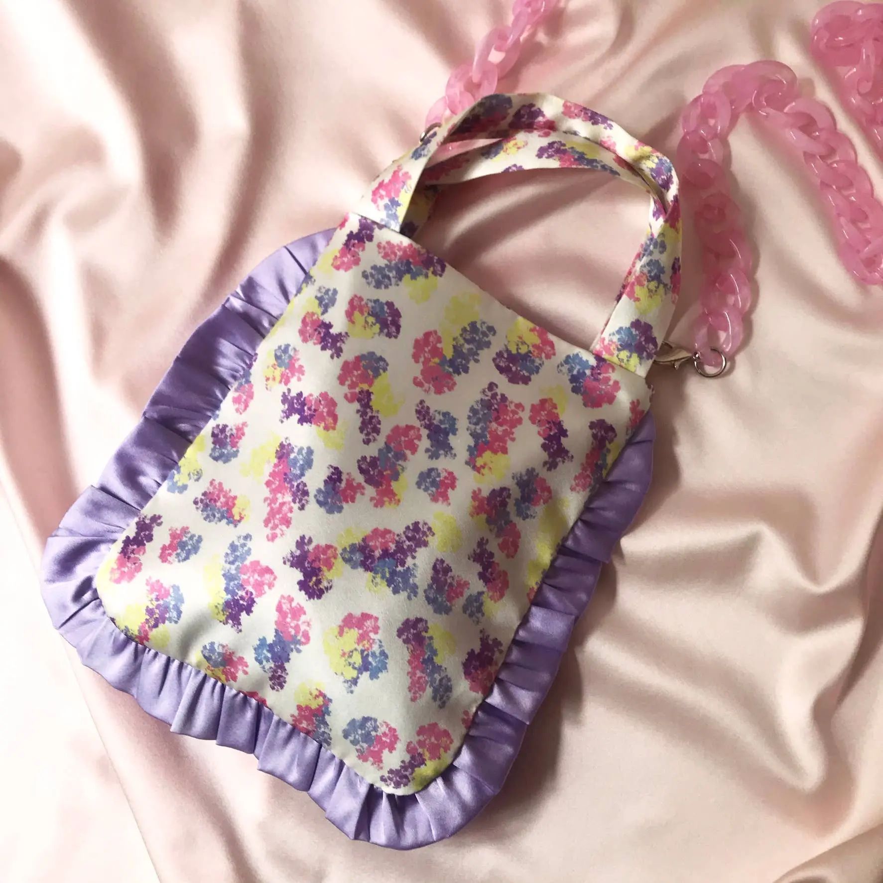 Floral Print Silk Marina Ruffle Bag-Transparent Chain