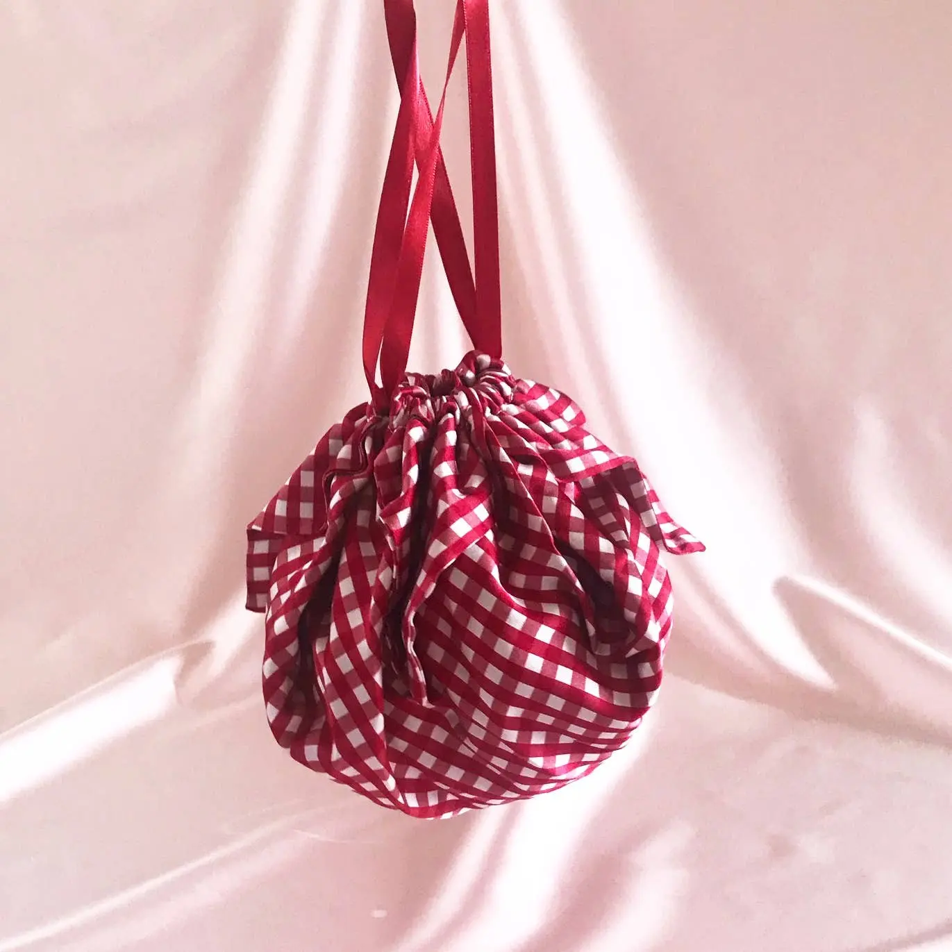 Gingham Print Silk Mitzi Puff Bag-Grey Chain